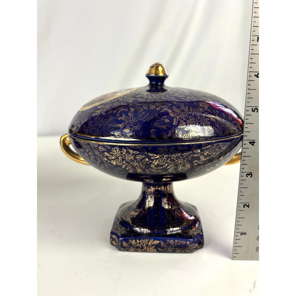 Vintage Cobalt‎ Blue Footed Covered Candy Dish Pair Gold Floral Japan - Picture 16 of 16